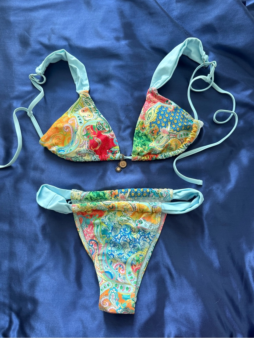 Source Unknown Multicolor Paisley Bikini with Light Blue Straps